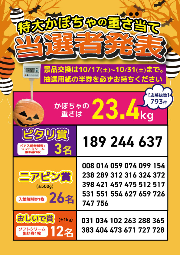 かぼちゃの重さ当て当選者発表